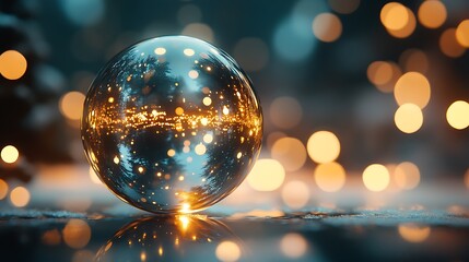 Blurred Christmas lights behind a clear glass bauble