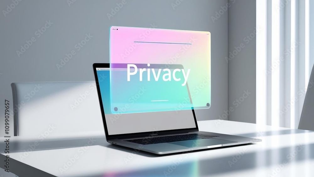 Poster a modern laptop displays a translucent overlay with the word 
