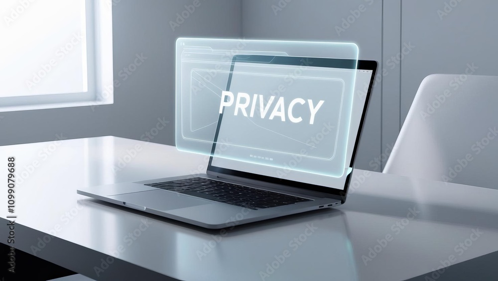 Poster a modern laptop displaying a translucent screen with the word 