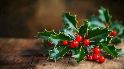 Festive Holly Sprig with Red Berries on Wood