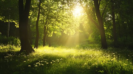 Obraz premium Sunbeams in a Green Forest