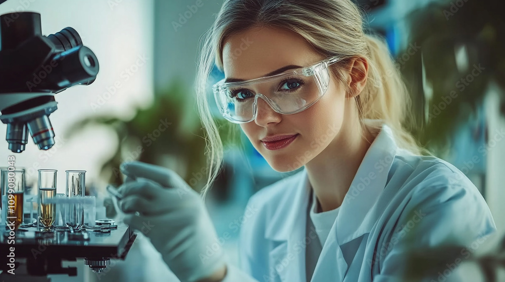 Poster scientist working diligently in a laboratory examining samples under a microscope