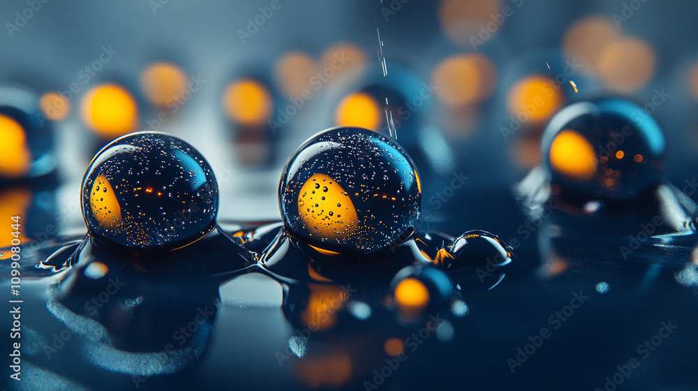 Poster captivating reflections of light on spherical droplets in a dark setting