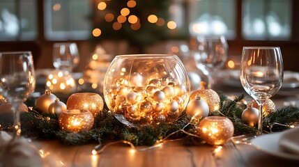 Glass bauble centerpiece glowing with warm holiday lights