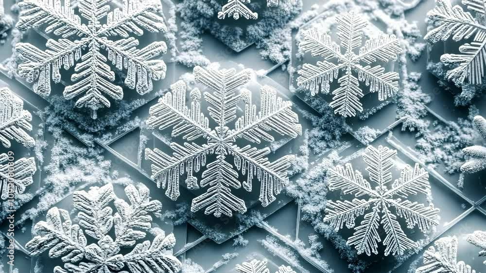 Poster snowflakes arranged in a perfect hexagonal grid, each flake detailed with sharp, geometric precision