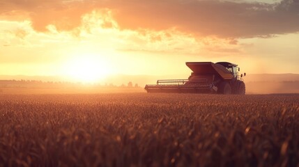Fototapeta premium Harvesting wheat at sunset.