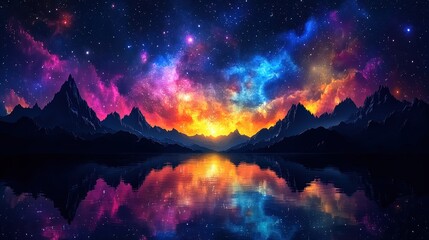 Obraz premium A vibrant cosmic landscape reflecting in a serene lake, showcasing colorful nebulae and mountains.