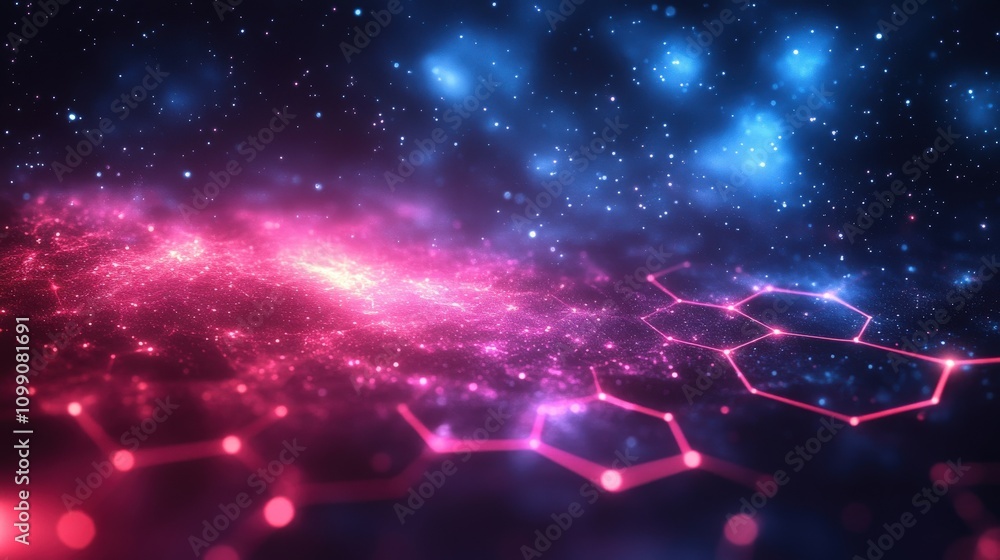 Wall mural a vibrant cosmic scene with glowing particles and hexagonal patterns.
