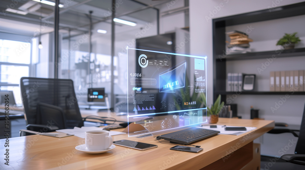Poster online data backup system virtual hologram display in modern office