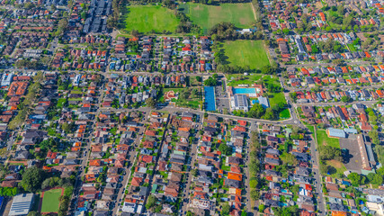 Panorama aerial drone view of western Sydney Suburbs of Canterbury Burwood Ashfield Marrickville...