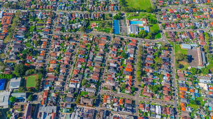 Panorama aerial drone view of western Sydney Suburbs of Canterbury Burwood Ashfield Marrickville...