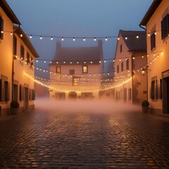 Obraz premium A village square illuminated by string lights, with fog adding a dreamy effect