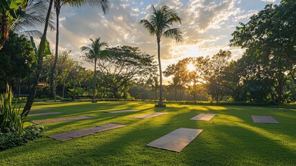 Obraz premium Serene outdoor yoga space with mats on green grass under a beautiful sunset.