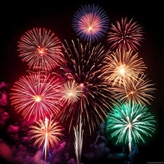 Fototapeta premium Bright, glowing fireworks frozen mid-air against a dark, starry backdrop.