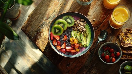 Vibrant smoothie bowl with fresh fruits and granola on a rustic wooden table.