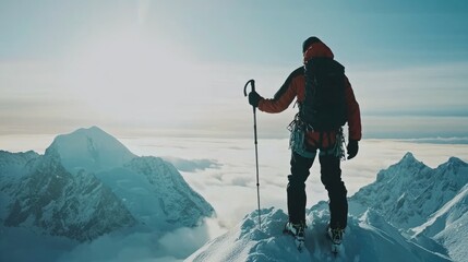 Silhouette of a climber standing atop a snowy mountain peak under a bright sky.