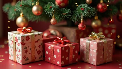 Obraz premium Decorated gift boxes with unique designs placed under a tree with golden ornaments