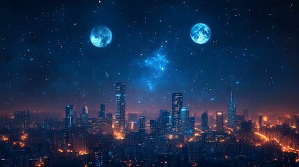 Night Cityscape Illuminated Under Two Moons and Stars