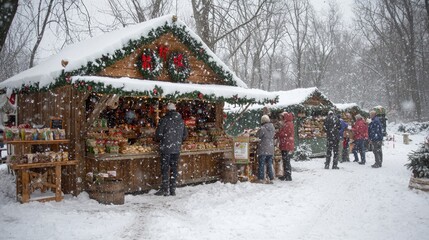 Naklejka premium Snowy market scene with festive stalls and people shopping in a winter landscape.
