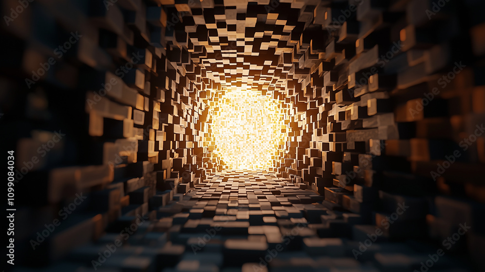 Poster digital tunnel of light: abstract 3d rendering of a dark tunnel composed of cubic blocks, leading to