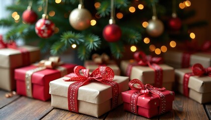 Obraz premium Gifts adorned with handmade decorations displayed under a traditional Christmas tree