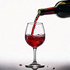 Red wine pouring into glass with splash on white background
