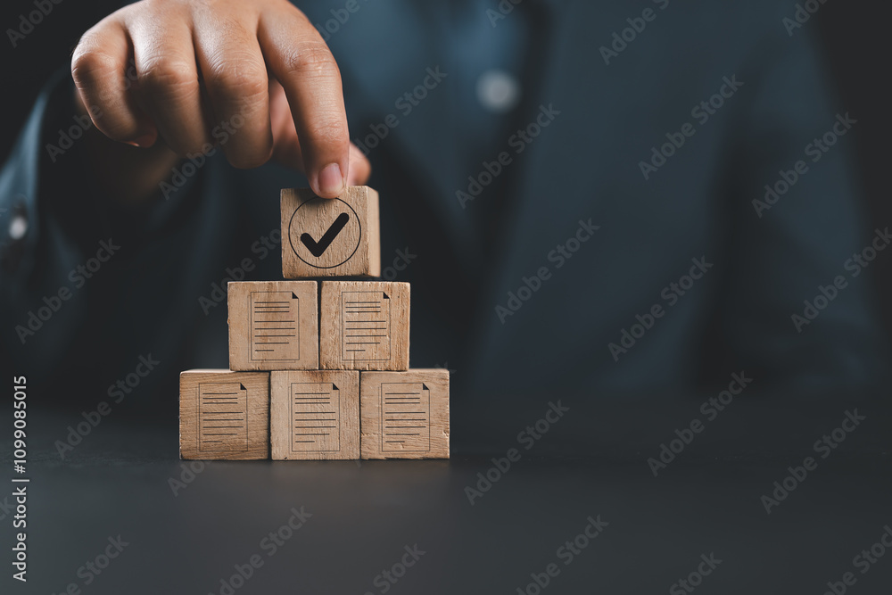 Poster accountant holding a wooden block and show the concept document review, quality assessment managemen