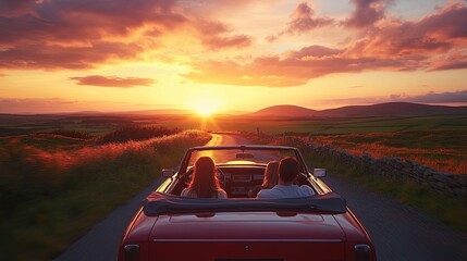 Sunset Road Trip Three Friends Enjoying Scenic Drive