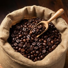 ack brimming with rich, dark coffee beans and a wooden scoop resting on top. Write about the journey these coffee beans might have taken to reach this moment. Consider the vibrant cultures and landsca