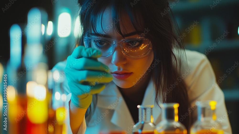 Poster scientist conducts experiment with colorful liquids in laboratory setting at night