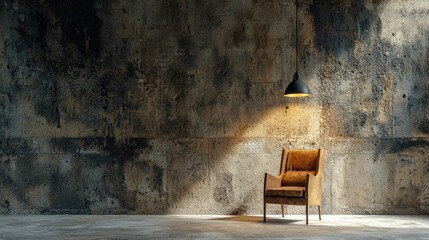 nuclear shelter concept. Empty room with a chair and warm light, featuring a textured wall.