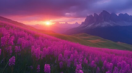 Obraz premium A vibrant sunset over a field of purple flowers with mountains in the background.