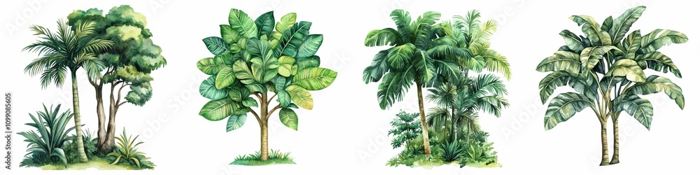 Poster the image features four distinct types of trees, showcasing various leaf shapes and arrangements, em