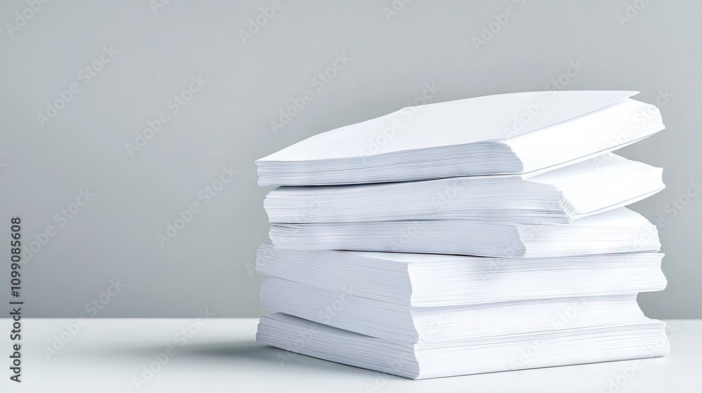Aufkleber stacks of pristine white documents resting on a clean office table with blurred surroundings in a br