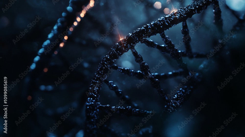Aufkleber intricate structure of dna strands illuminated in dark environment