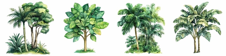 The image features four distinct types of trees, showcasing various leaf shapes and arrangements, emphasizing natural beauty and diversity.