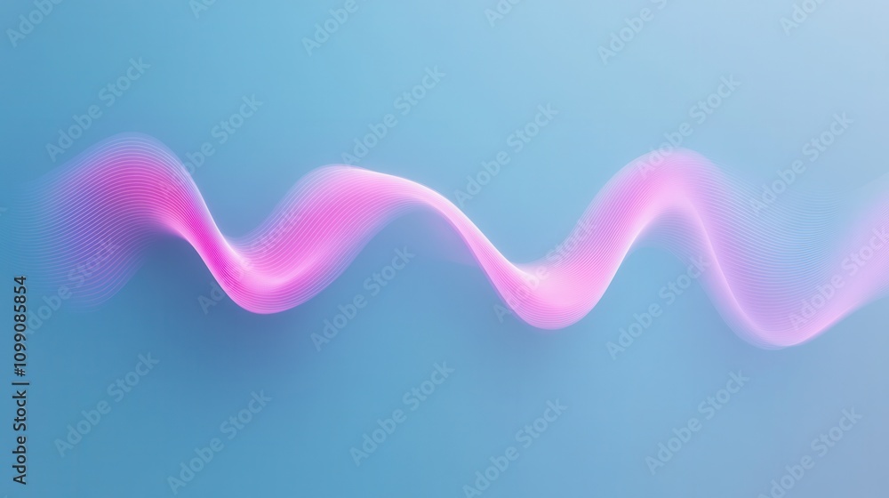 Poster a flowing pink wave on a soft blue background, creating a calming and modern visual effect that evok