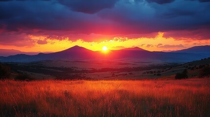 Obraz premium A vibrant sunset over rolling hills, casting warm hues across a serene landscape.