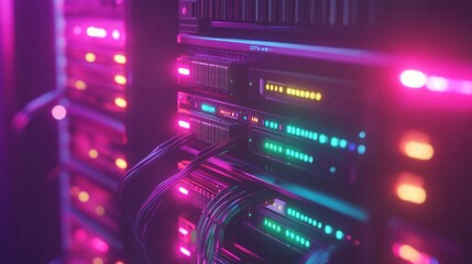 Obraz premium Neon-lit server rack in data center.