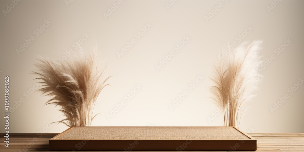 Poster minimalist wooden platform surrounded by pampas grass creating a calm and serene indoor space with n