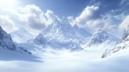 A breathtaking snowy mountain landscape under a bright sky with scattered clouds.