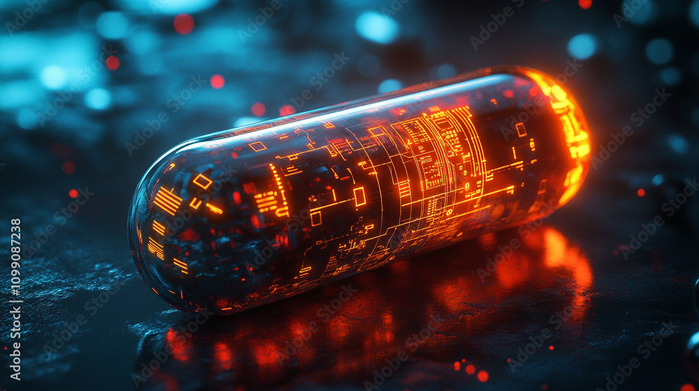 Aufkleber futuristic capsule with glowing circuitry on a dark surface in a high-tech environment