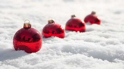 Red Christmas Ornaments Resting In Fresh Snow