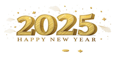 Fototapeta premium 2025 Happy New Year 6d number gold isolated on transparent background or white background. Perfect for wallpaper, web page, flyer, banner, poster, greetings card design and new year celebration