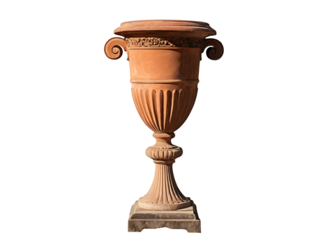 Large terracotta planter with handles and decorative details, ideal for gardens, patios, or adding a classic touch to outdoor spaces. (Transparent PNG)