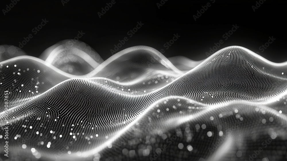 Wall mural abstract representation of waves with glowing particles in a dark setting.