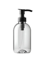 Obraz premium Empty clear plastic pump bottle with a black dispenser, ideal for soap, lotion, or showcasing refillable containers and hygiene products. (Transparent PNG)