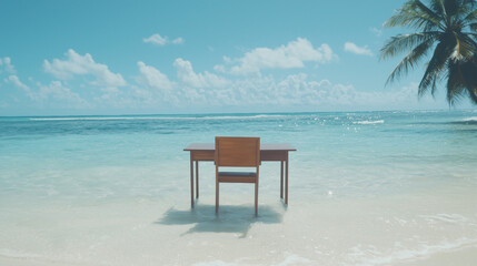 Tropical Office Paradise: Desk and chair on a pristine beach, turquoise water, palm tree, idyllic work from anywhere concept. Evokes relaxation and escape. 