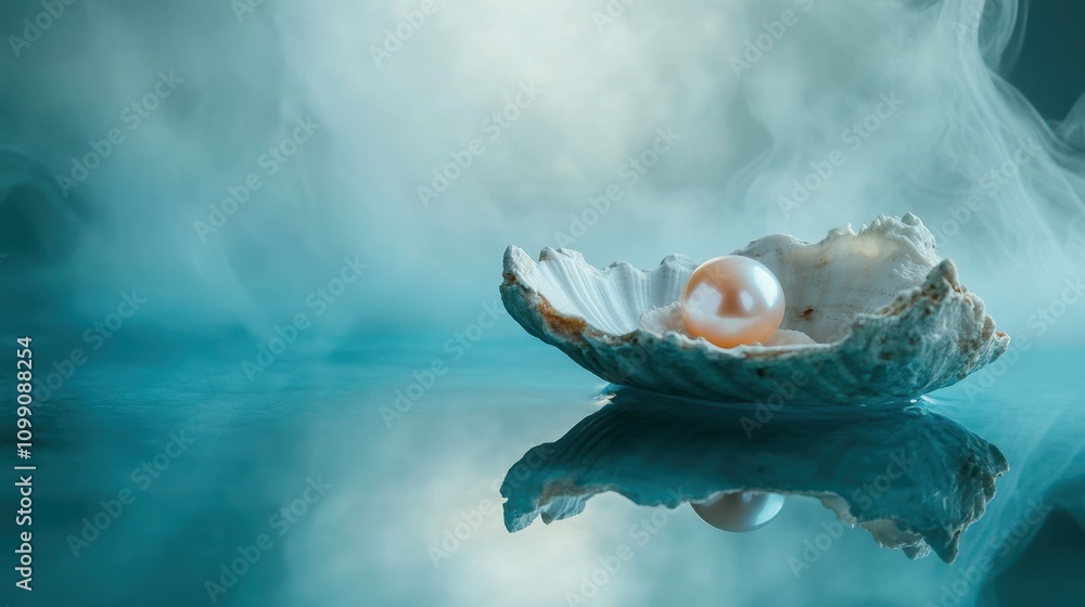 Poster a pearl resting in an open shell on a reflective surface, surrounded by mist.