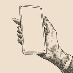 Smartphone in hand illustration in engraving style
